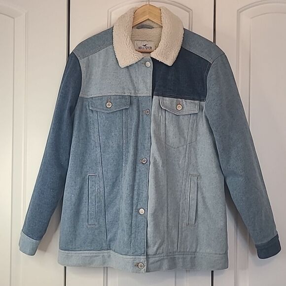Hollister Patchwork Sherpa Lined Denim Jean Jacket Button Down Size L - Picture 2 of 13